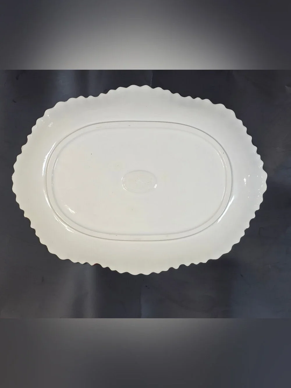 Antique Scalloped Edge Oval Ceramic Porcelain Serving Platter Cream & Pink Mauve